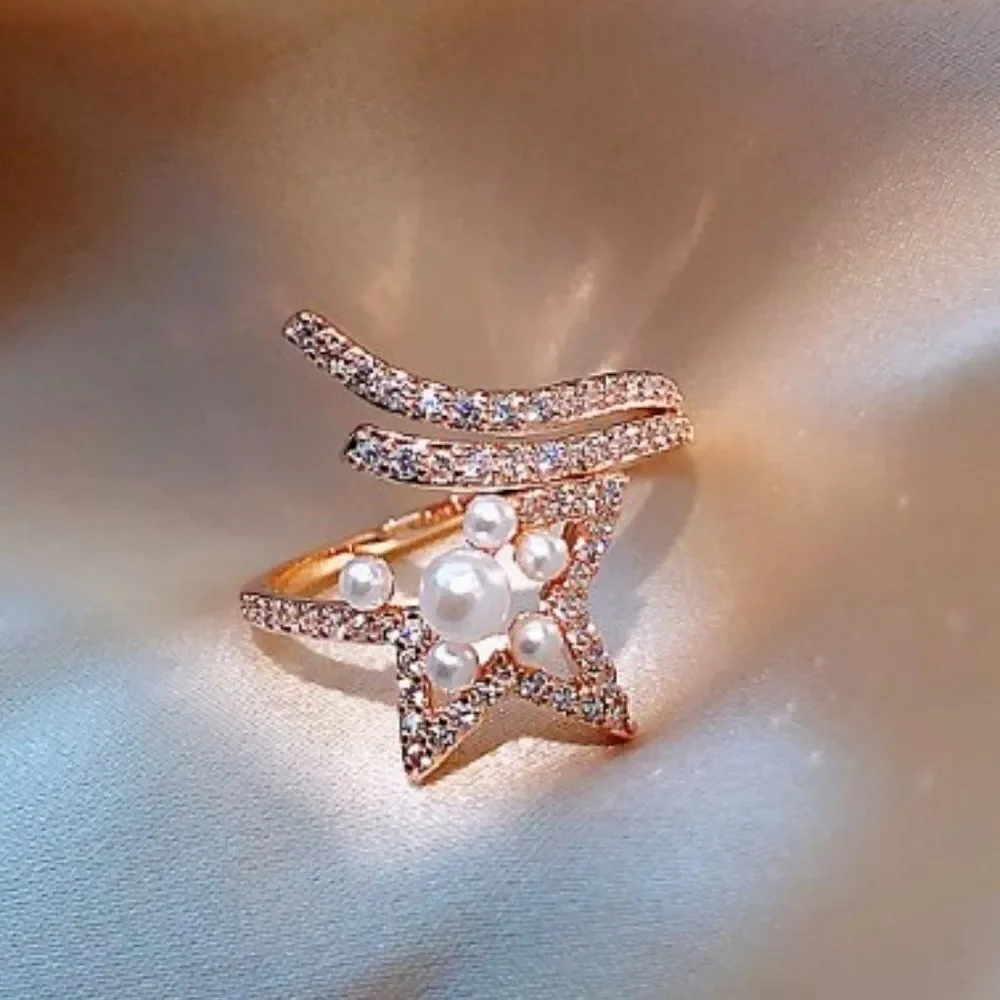 Rose Gold Pearl Star Ring Encased with Diamonds